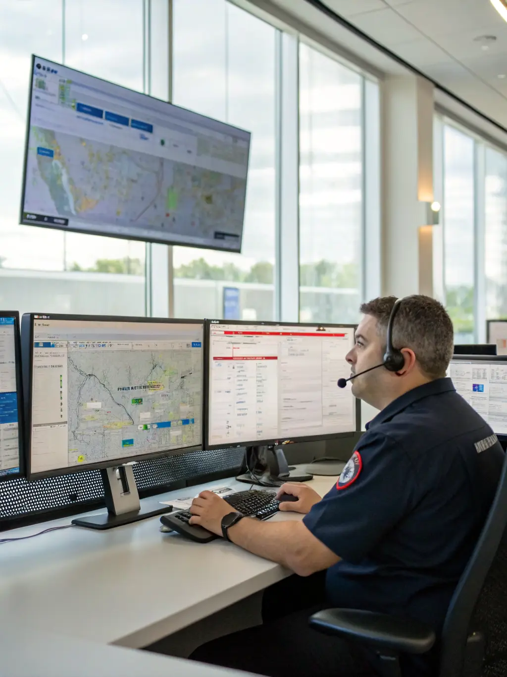 A dispatcher in a 9-1-1 call center is consulting with a remote healthcare professional via a secure video call. The dispatcher is pointing at a screen displaying patient data, while the healthcare professional is providing guidance.