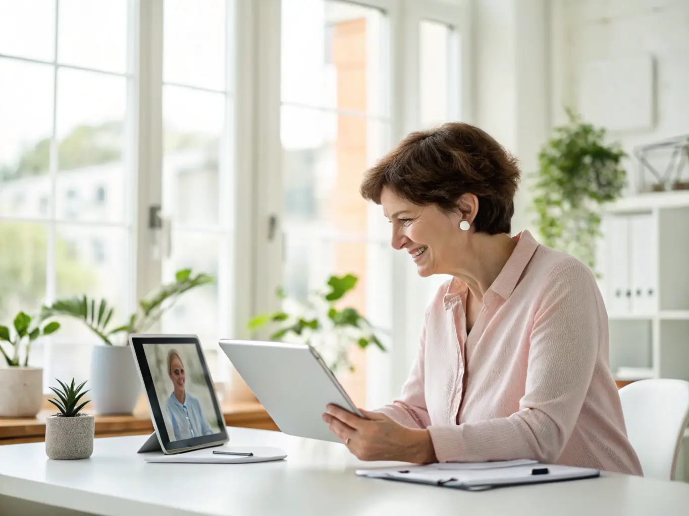 A healthcare provider conducting a telehealth consultation with a patient via tablet in a community clinic, illustrating telehealth solutions.
