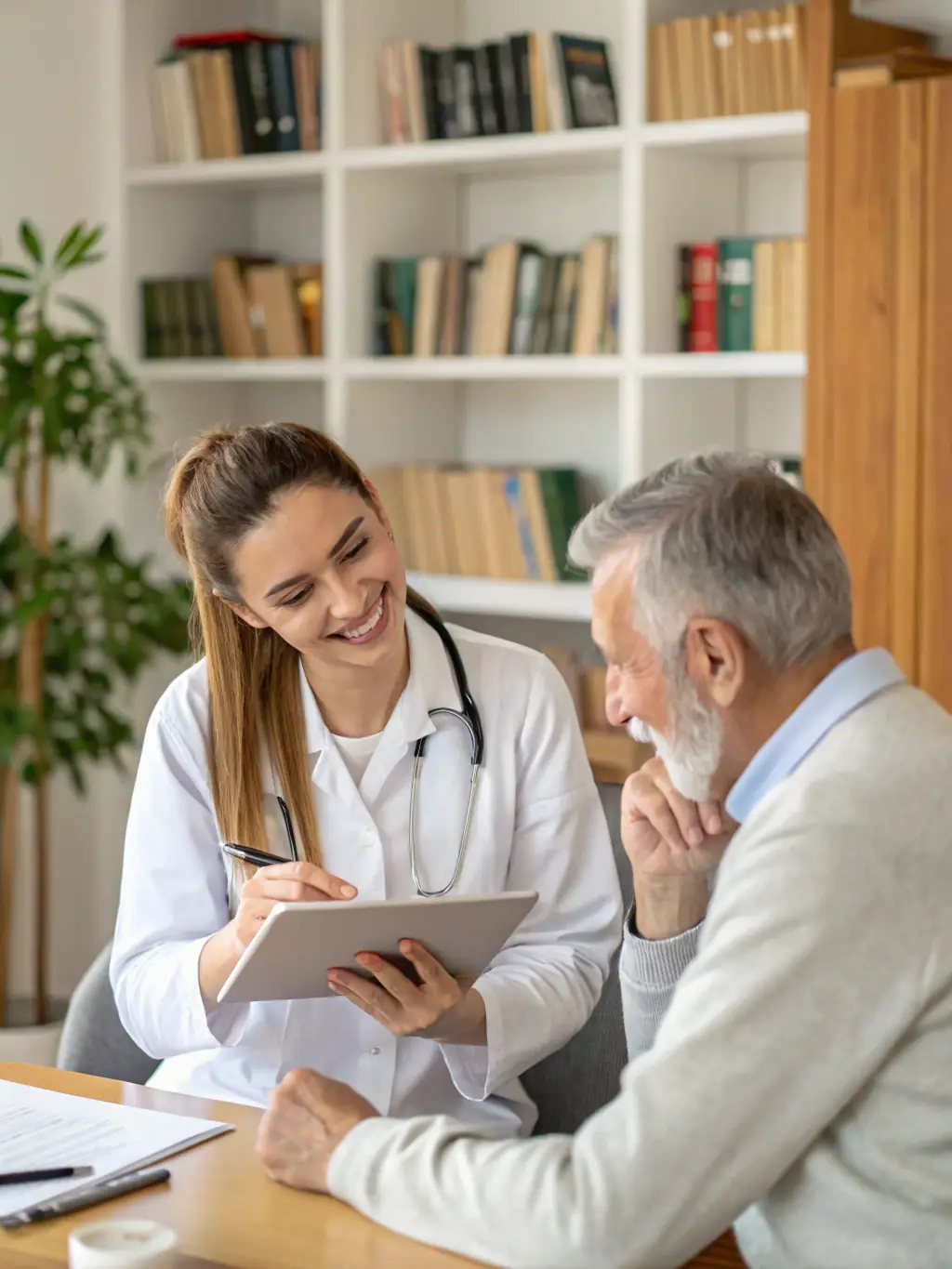 A healthcare provider is conducting a telehealth consultation with a patient via a tablet in a community clinic. The patient is smiling and engaged, while the provider is explaining treatment options.