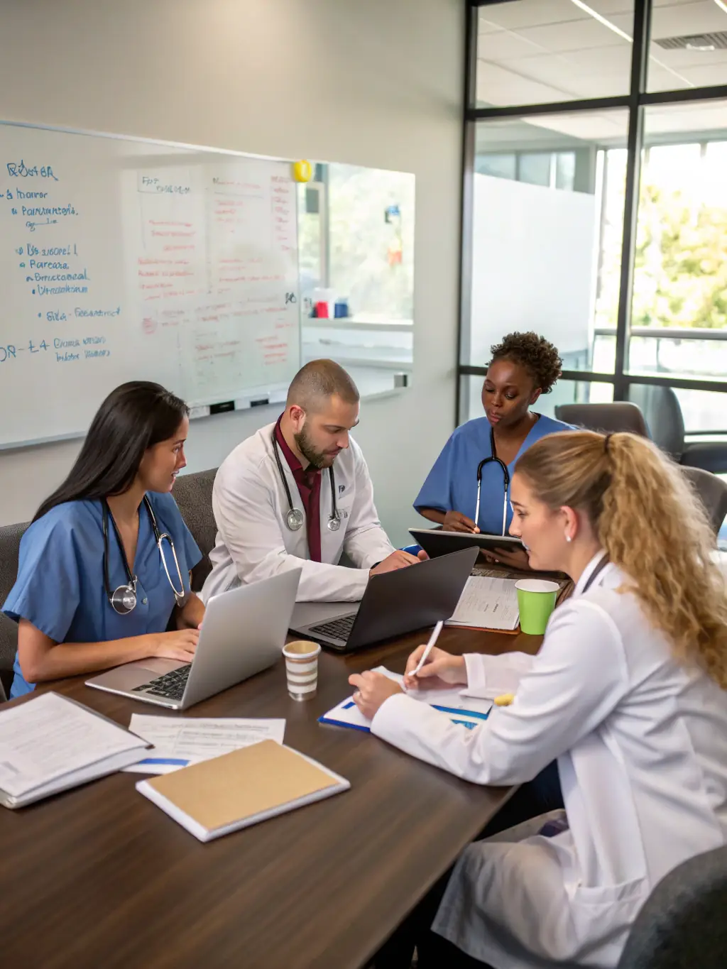 A meeting between dispatchers, healthcare providers, and community health workers, symbolizing the alignment of dispatch, telehealth, and local health resources.