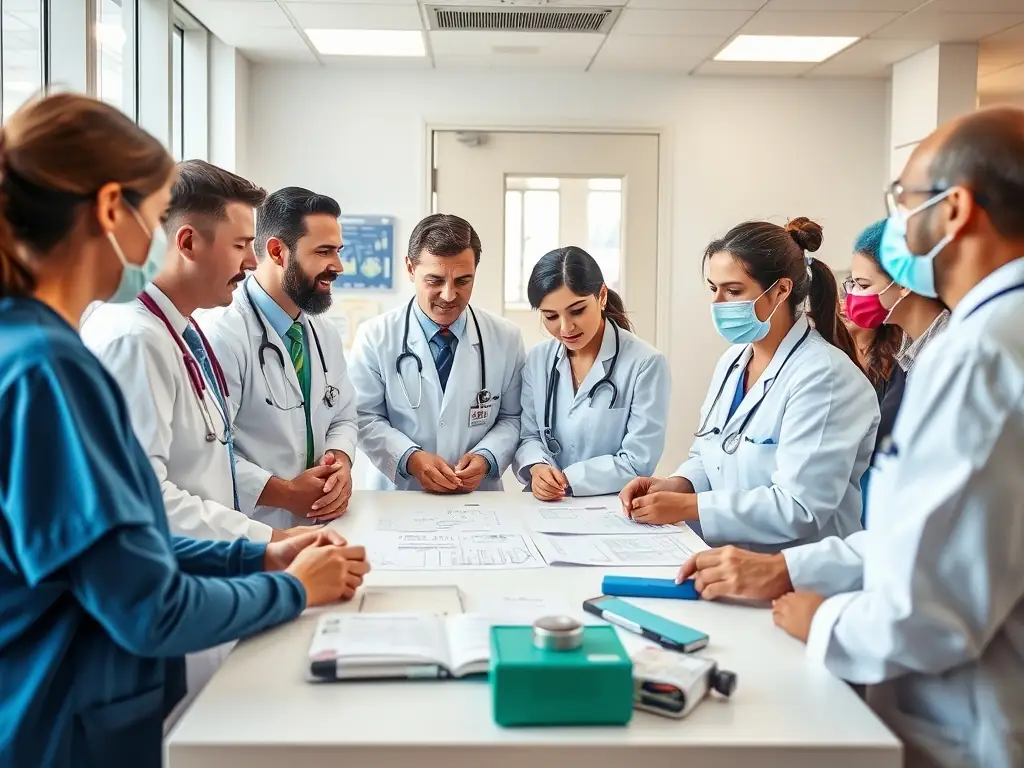 A team of healthcare and emergency personnel coordinating at a community health center, representing community care alignment.