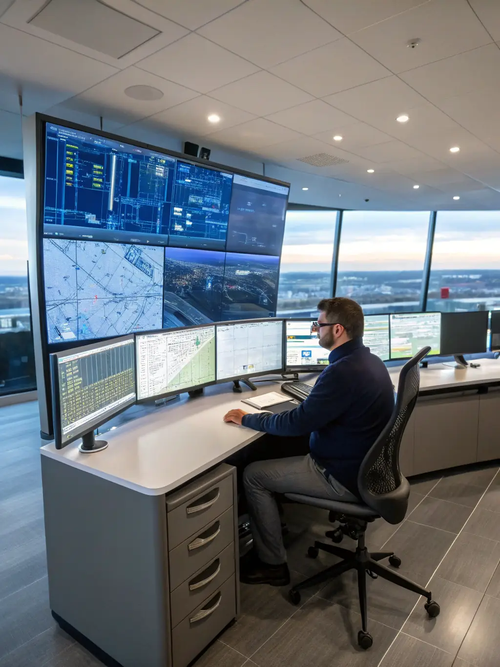 A dispatcher at a 9-1-1 call center using a computer system with integrated clinical decision support tools, showcasing the integration of clinical expertise within emergency dispatch systems.